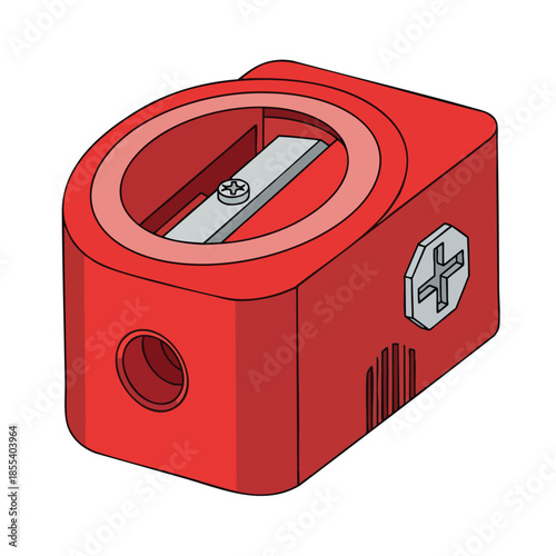 A red pencil sharpener with a blade, circular opening, and screw