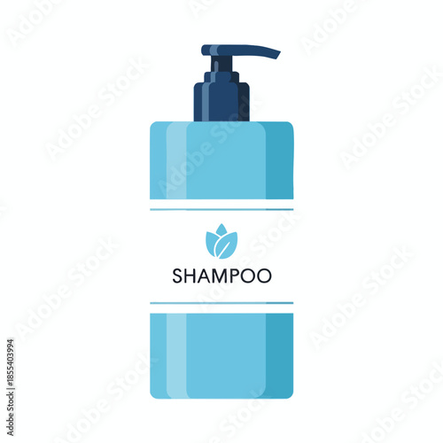 A light blue shampoo bottle with a pump and label on white background
