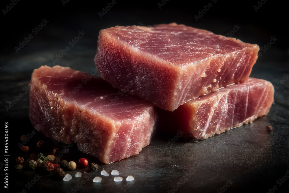 Fototapeta premium Raw beef steak pieces with salt and pepper on a dark background. Fresh meat, protein food, butcher shop concept, keto diet, paleo nutrition, premium cooking ingredients, copy space