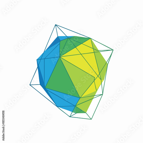 A geometric solid of triangles, multi-colored and outlined in green on white background