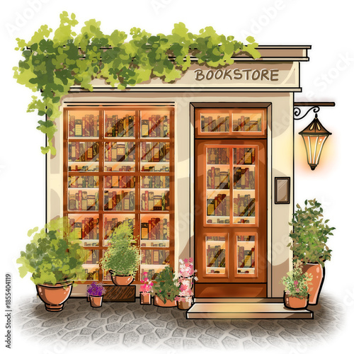 Tableau sur toile A cozy bookshop facade featuring large windows, book displays, and signage