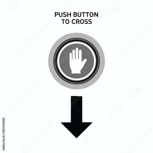 Pedestrian crossing button illustration on white with text and a down arrow