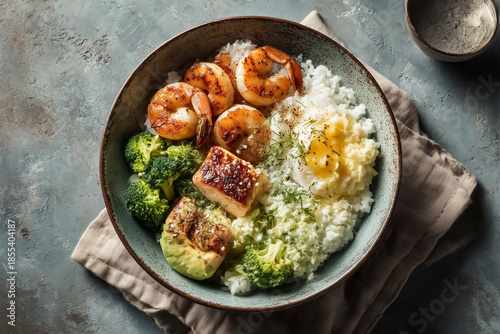 Healthy bowl with shrimp, rice, vegetables and egg served in a ceramic bowl. Balanced diet, clean eating, protein food, nutritious meal, modern food styling, copy space