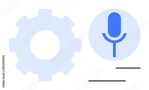 Technology, voice commands, automation, speech recognition, AI-powered tools, audio settings. Blue gear and microphone symbol with minimalist design. Technology and voice commands conceptual