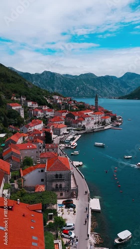Perast Town aerial view in Kotor Bay in Montenegro