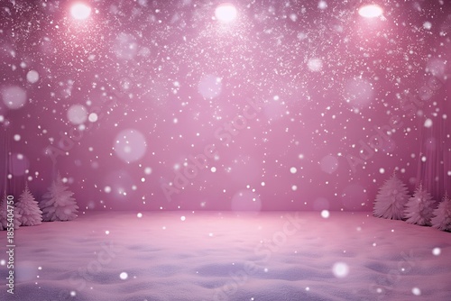 Magical pink snowy scene with trees and snowfall