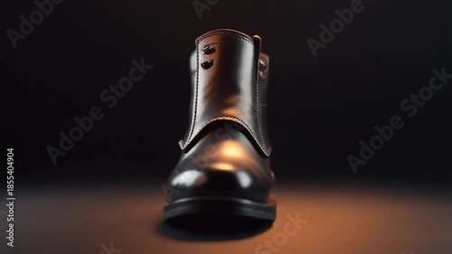 rotating shot of knee high polished black boot under warm studio light in the dark
