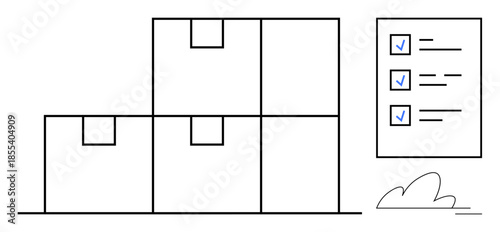 Inventory management, logistics, organization, supply chain, delivery, checklist. Stacked boxes with a checklist. Inventory management and logistics are key concepts here