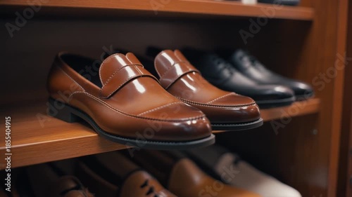 closeup of pair of black leather loafers polished to a shine on shelf