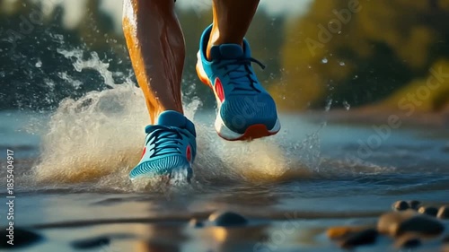 closeup front view of athletic shoes splashing through shallow water