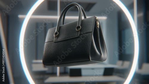 elegant leather handbag floating mid air with white rim lighting