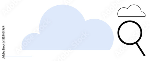 Cloud graphic paired with magnifying glass highlights exploring, analyzing, and searching information in digital environments. Ideal for technology, innovation, research, cloud computing, data