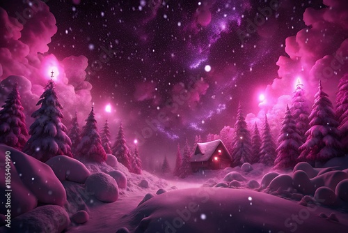 Magical pink winter wonderland with cozy cabin under starry night sky