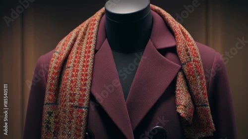 crop shot of luxury coat and scarf draped over shoulders of mannequin