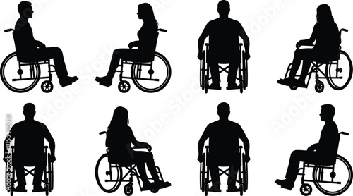 Silhouette wheelchair users, disabled man and woman sitting, mobility disability concept, rehabilitation support, accessible lifestyle illustration, inclusion graphic design