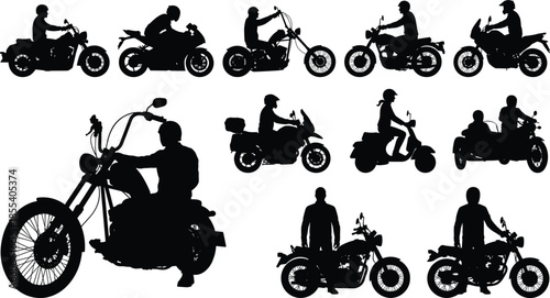 Silhouettes of motorcycle riders on different bikes, chopper, sportbike, scooter, touring motorcycle, sidecar riding illustration, motorcyclist graphic design collection