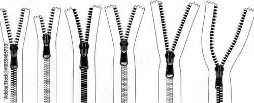 Set of Realistic Zipper Fastener Line Icons Showing Different Opening Stages for Textile Industry Tailoring Fashion Design and Clothing Repair Services (21 words)