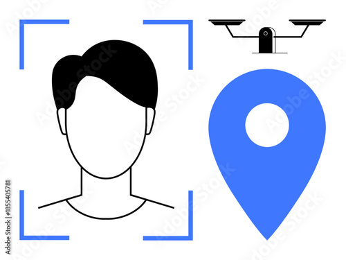 Biometrics, surveillance, location services, identity verification, cybersecurity, digital tracking. Face outline with camera and location pin. Biometrics and surveillance conceptual illustration