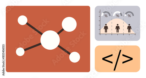 Networking nodes, statistical distribution graph with percentiles, and coding symbols. Ideal for analytics, statistics, programming, data science, technology education software development. Simple