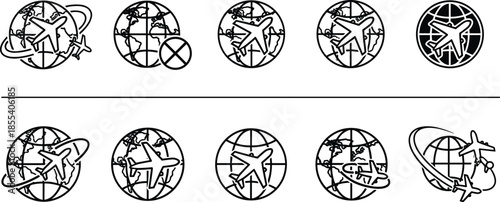Set of Global Aviation Line Icons Featuring Airplanes and Earth Globes for International Travel Logistics Worldwide Flight Routes and Tourism Branding (22 words)