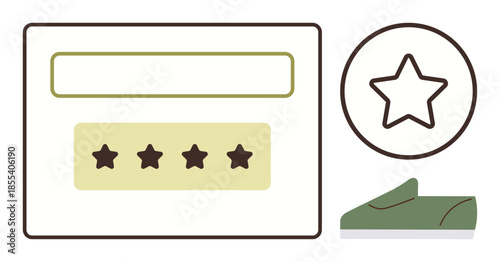 Review panel featuring four-star rating display, circular star icon, and a green casual shoe. Ideal for feedback, product reviews, online shopping, e-commerce, customer satisfaction, consumer choice
