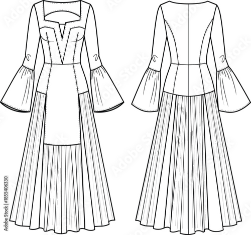 Technical flat sketch of a medieval inspired maxi dress featuring bell sleeves sweetheart neckline pleated skirt panels and front back views