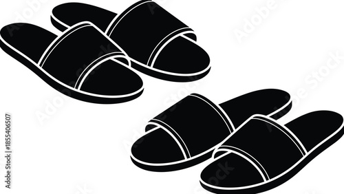 Pair of slippers silhouette vector illustration, simple home footwear design in black, minimal flat style sandals isolated on white background
