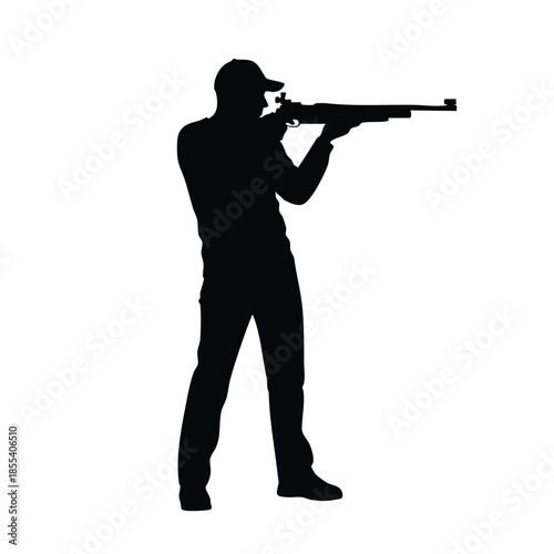 A man in silhouette aims a rifle against a clean white background with a cartoon style, conveying a sense of action and focus.