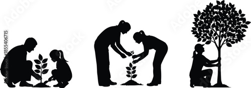 People planting and nurturing trees silhouette set, father and daughter, women working together, person hugging a mature tree, nature care vector illustration.
