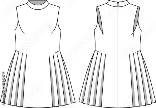 Women High Neck Sleeveless Pleated Skirt Dress Fashion Technical Sketch, Mock Neck Fit and Flare Mini Dress Flat Drawing Template,