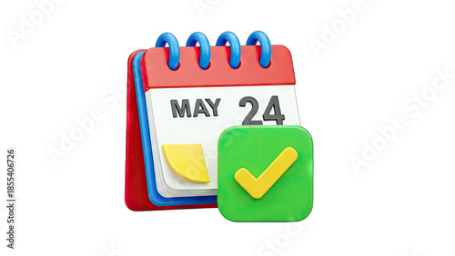 3D calendar icon with checkmark and May 24 date on transparent background