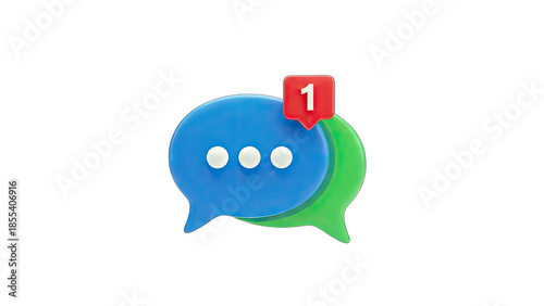 3D Chat bubble notification icon with one new message on transparent background