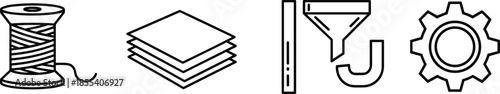 Set of Industrial Manufacturing Line Icons Representing Textile Production Material Layers Filtration Process and Engineering Gear Operations for Technical Business Branding