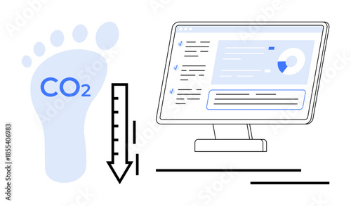 Environmental sustainability, technology, data management, emissions tracking, analytics, online tools. A digital display and a footprint with CO2 text. Environmental sustainability and technology