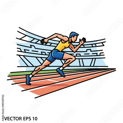 Athlete sprinting on track in stadium vector illustration.