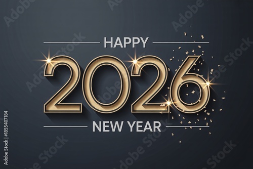 Minimalist Golden 2026 Happy New Year Text on Dark Grey Canvas, Elegant 2026 Typography with Subtle Gold Particles and Sparkles.
