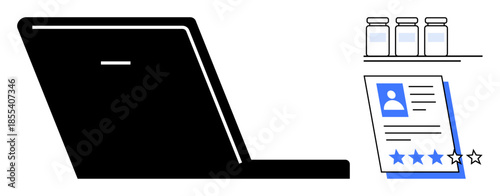Open laptop beside a document with a profile and rating stars, plus medicine jars. Ideal for recruitment, evaluation, performance review, professional assessment, medicine, healthcare, technology