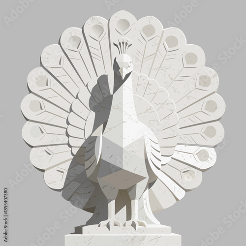 White Marble Peacock Sculpture Displaying Feathers.