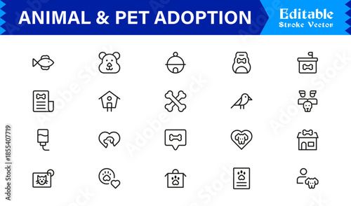 Animal And Pet Adoption Essentials – Professional Line Icon Set Featuring Minimal, Editable, Vector Illustrations for Modern Design and Marketing Needs