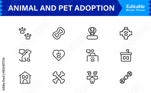 Animal And Pet Adoption Essentials – Professional Line Icon Set Featuring Minimal, Editable, Vector Illustrations for Modern Design and Marketing Needs