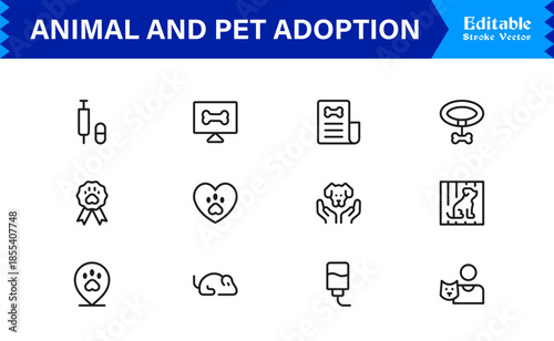 Animal And Pet Adoption Essentials – Professional Line Icon Set Featuring Minimal, Editable, Vector Illustrations for Modern Design and Marketing Needs