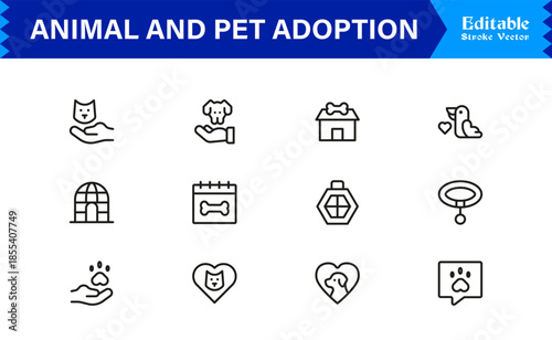 Animal And Pet Adoption Essentials – Professional Line Icon Set Featuring Minimal, Editable, Vector Illustrations for Modern Design and Marketing Needs