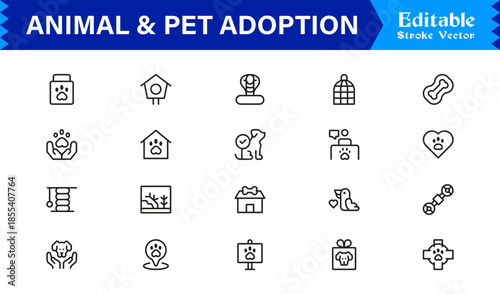 Animal And Pet Adoption Essentials – Professional Line Icon Set Featuring Minimal, Editable, Vector Illustrations for Modern Design and Marketing Needs