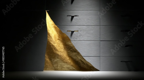 Golden abstract sculpture with birds flying in a minimalist, dark setting, illuminated by a spotlight.
