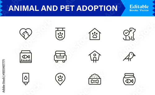 Animal And Pet Adoption Essentials – Professional Line Icon Set Featuring Minimal, Editable, Vector Illustrations for Modern Design and Marketing Needs