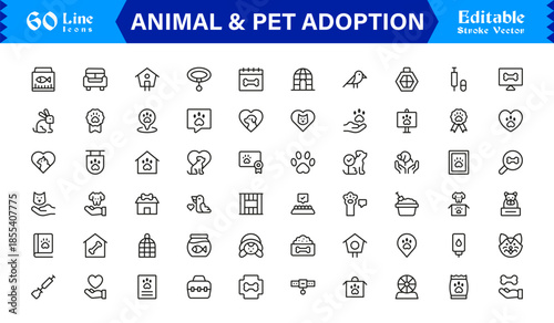 Animal And Pet Adoption Essentials – Professional Line Icon Set Featuring Minimal, Editable, Vector Illustrations for Modern Design and Marketing Needs