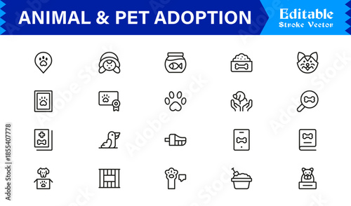 Animal And Pet Adoption Essentials – Professional Line Icon Set Featuring Minimal, Editable, Vector Illustrations for Modern Design and Marketing Needs