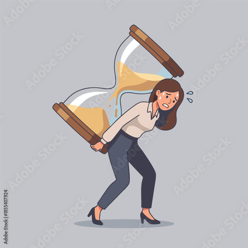 Woman carrying a heavy hourglass symbolizing time pressure.