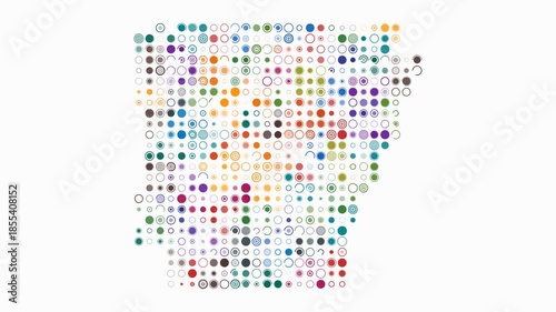 Arkansas animated shape. Pulsating colored dots on the map of the state. Large size circle blocks. Digital style Arkansas map on white background. Modern animation video.
