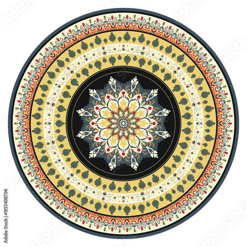 Circular mandala pattern rug, living room rug, tile pattern.